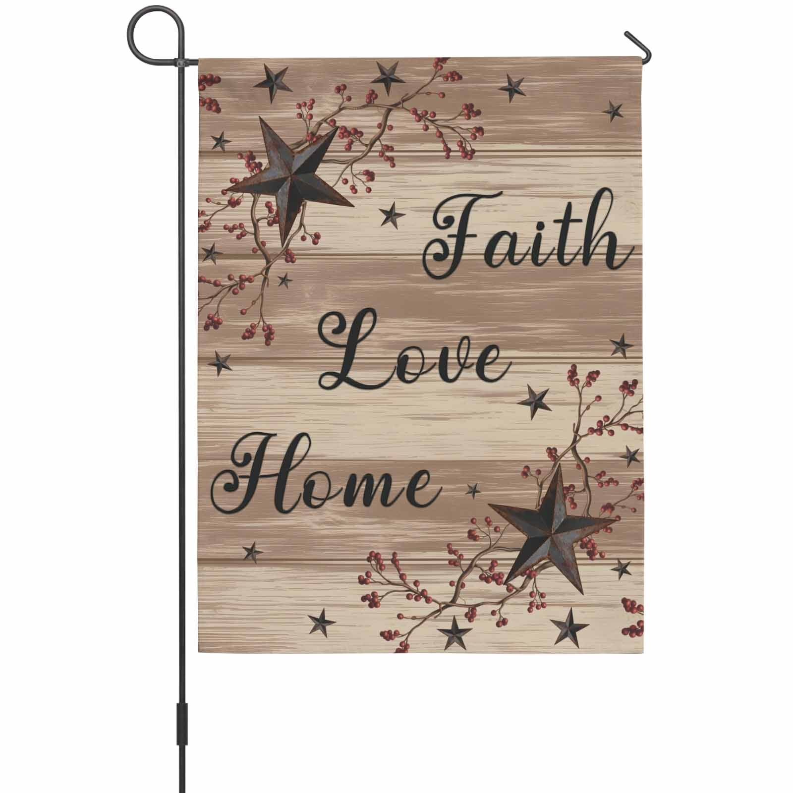Retro Country Stars House Flags For Outdoor, Faith Love Home Berries Farmhouse Brown Striped Small Double Side Yard Flags Weather Proof House Decor for Lawn Outside Holiday 28 x 40 Inches