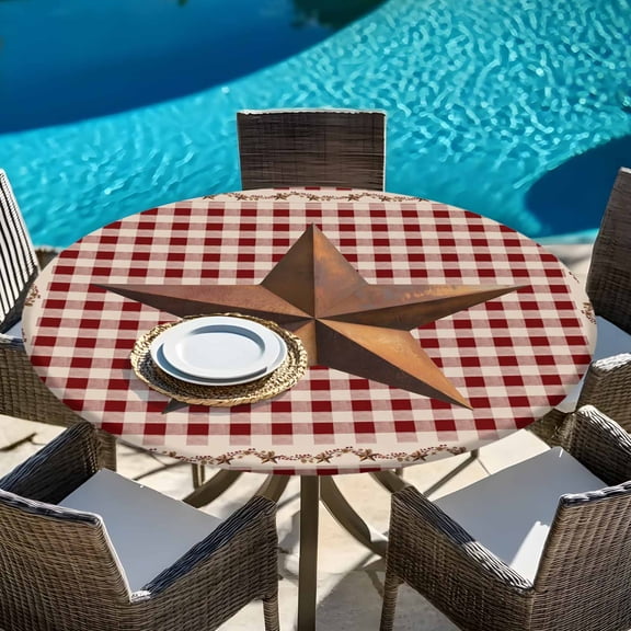 Retro Country Stars Round Fitted Tablecloth with Elastic Edge,Waterproof Table Cloth Fits Tables Up to 45"-54",Washable Table Cover for Indoor Outdoor Dinning Party,Vintage Dates Red Plaid