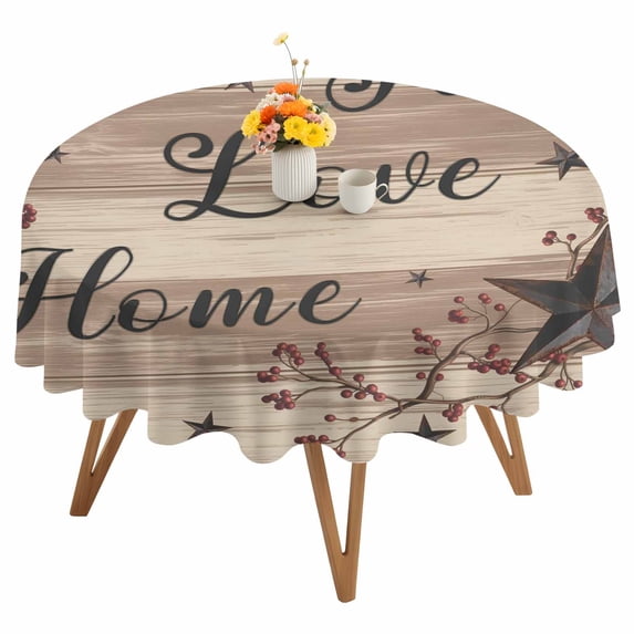 Retro Country Stars Round Tablecloth 54 inches Faith Love Home Berries Farmhouse Brown Striped Waterproof Oil-Proof Table Cloth Round Table Cover for Holiday Party Picnic Dinner Decor Indoor Outdoor