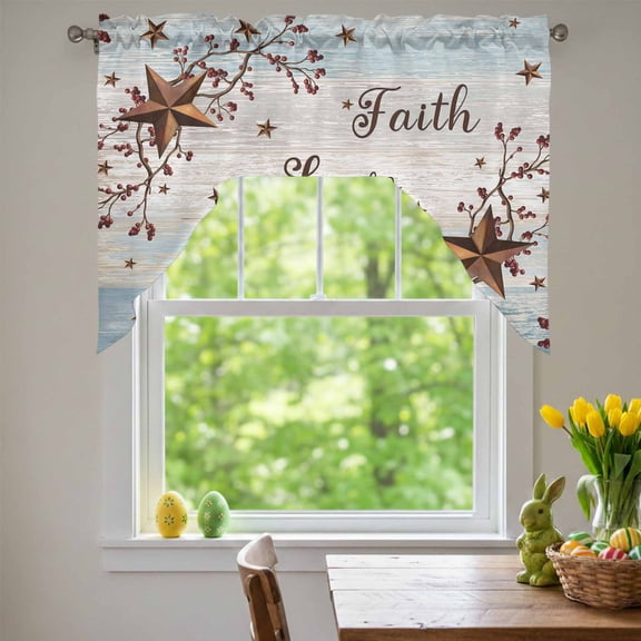 Retro Country Stars Swag Valances for Kitchen Window, Faith Love Home Berries Farmhouses Blue Small Swag Valances Rod Pocket Curtain Drapes Window Treatment for Bedroom Bathroom, 56x36 Inch