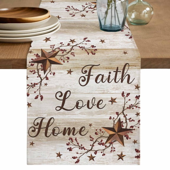 Retro Country Stars Table Runner, Faith Love Home Berries Farmhouses Brown Cotton Linen Kitchen Table Decoration Washable Dining Tabletop Runners for Home Party Decor 13x36 Inches