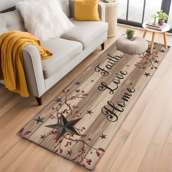 Retro Country Stars Washable Area Rug 2 x 6 ft Faith Love Home Berries Farmhouse Brown Striped, Soft Non Slip Rugs Stain Repellent Indoor Felt Carpet for Living Dining Room Bedroom Home Office