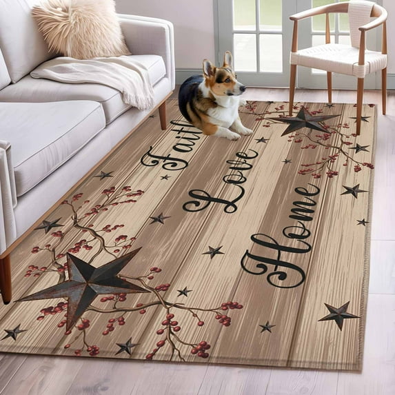 Retro Country Stars Washable Area Rug 4 x 6 ft Faith Love Home Berries Farmhouse Brown Striped, Soft Non Slip Rugs Stain Repellent Indoor Felt Carpet for Living Dining Room Bedroom Home Office