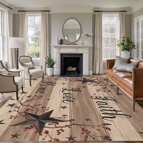 Retro Country Stars Washable Area Rug 5 x 8 ft Faith Love Home Berries Farmhouse Brown Striped, Soft Non Slip Rugs Stain Repellent Indoor Felt Carpet for Living Dining Room Bedroom Home Office
