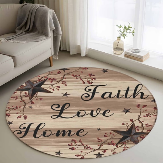 Retro Country Stars Washable Round Area Rug 3.3 ft, Faith Love Home Berries Farmhouse Brown Striped, Soft Non Slip Rugs Stain Repellent Indoor Felt Carpet for Living Dining Room Bedroom Home Office