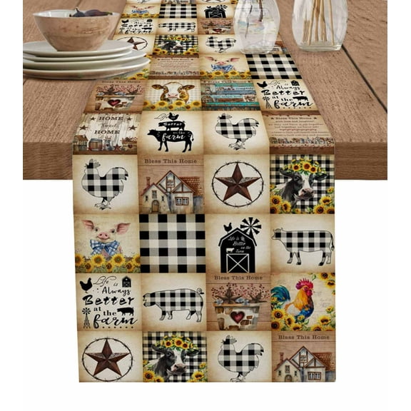 Retro Country Table Runner 60 Inches, Vintage Farmhouse Rooster Stars Bed Runner Dresser Scarves Tabletop for Indoor Outdoor Parties/Ceremony/Banquet, 13" x 60"