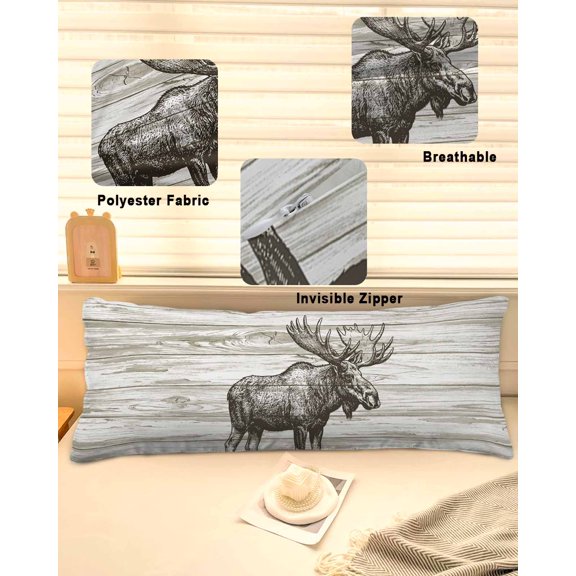 Retro Countryside Elk Throw Pillow Covers, Animal Vintage Wooden Grain Soft Breathable Pillow Cases with Invisible Zipper for Sleeping, Long Body Pillowcases for Couch Bed Sofa Chair 20x60 Inches