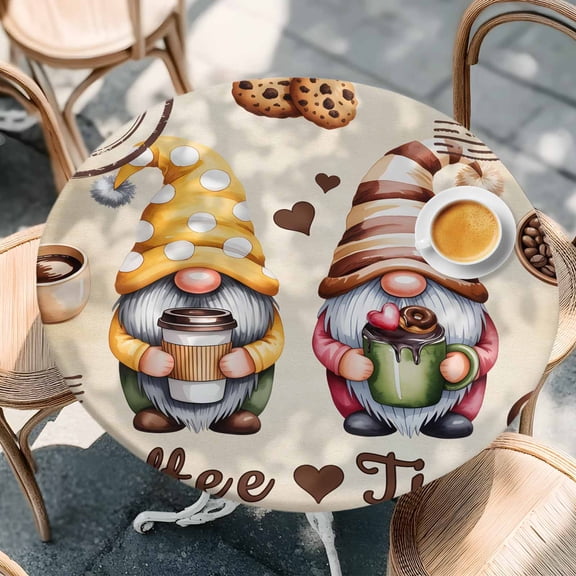 Retro Countryside Gnomes Round Fitted Tablecloth with Elastic Edge,Waterproof Table Cloth Fits Tables Up to 36"-44",Wipeable Washable Table Cover for Indoor Outdoor Dinning,Coffee Time Words on Linen
