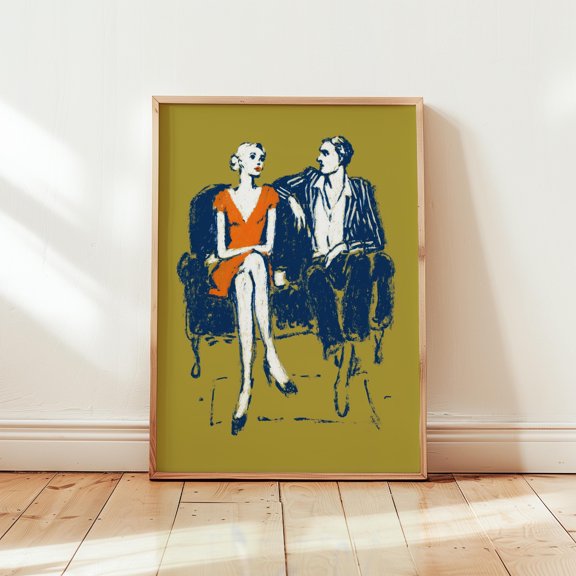 Retro Couple Loveseat Print Midcentury Modern Sketch Wall Art