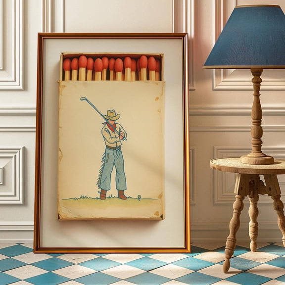 Retro Cowboy Golfer Matchbox, Vintage Cowboy Golf Print, Western Matchbox Art, Golf Wall Decor, Matchbook Wall Art For Home Or Office Home Decor #2180, Unframed Poster Size 8x12