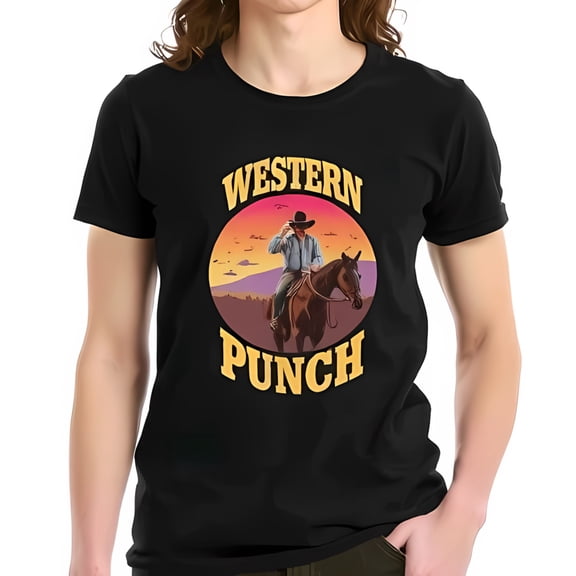 Retro Cowboy Graphic Cotton Short Sleeve T-Shirt - " WESTERN " Sunset Design Vintage Style Tee