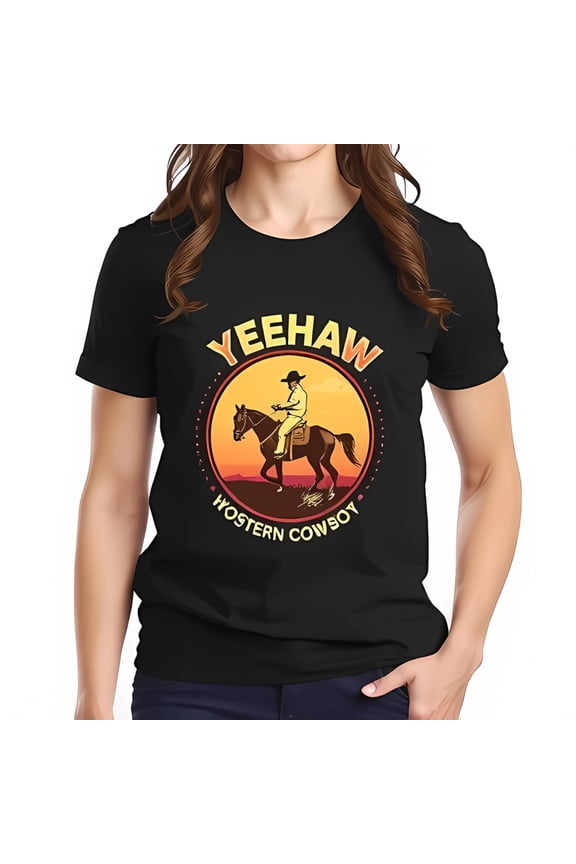 Retro Cowboy Graphic Cotton Short Sleeve T-Shirt - YEEHAW Western Design with Sunset & Horse