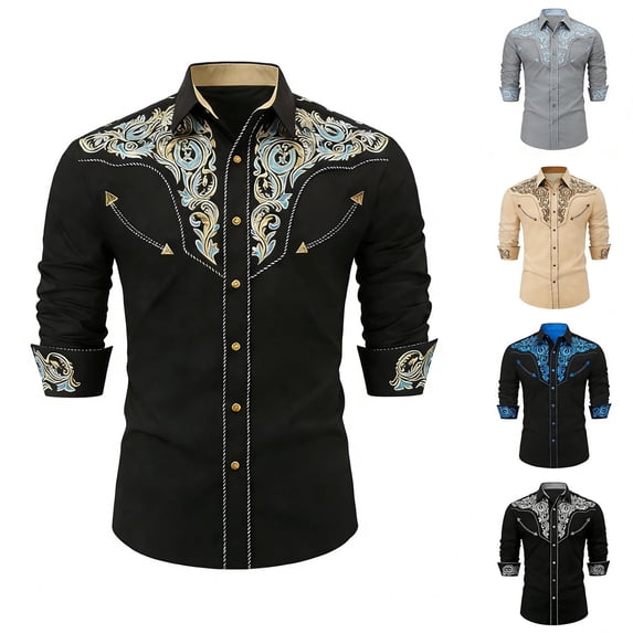 Retro Cowboy Shirts for Men Western Embroidered Long Sleeve Button Down Shirt Spring Summer Slim Fit Tops Grey L