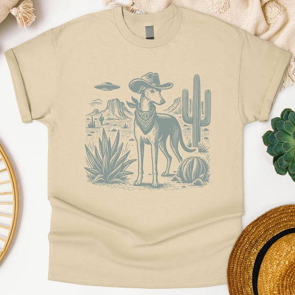 Retro Cowboy Tee, Alien Dog Graphic, 90s Style, Vintage Whippet Shirt, Unique Pet Lover, Soft Cotton Blend, Unisex Fit All Size S-5Xl