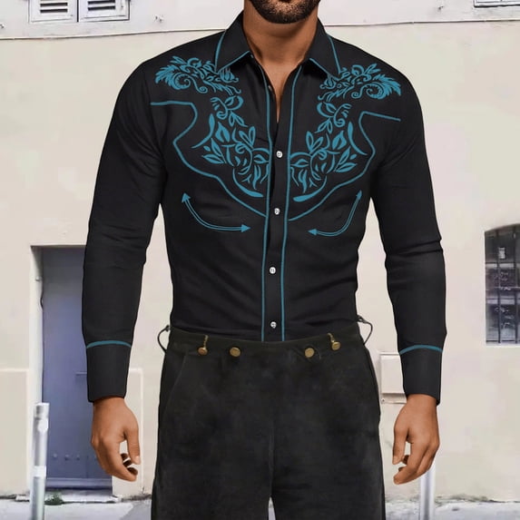 Retro Cowboy Western Shirt Mens Long Sleeve Button Down Shirts Halloween Party Tops Light Blue M