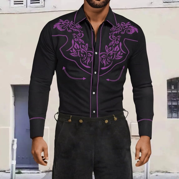 Retro Cowboy Western Shirt Mens Long Sleeve Button Down Shirts Halloween Party Tops Light Purple L