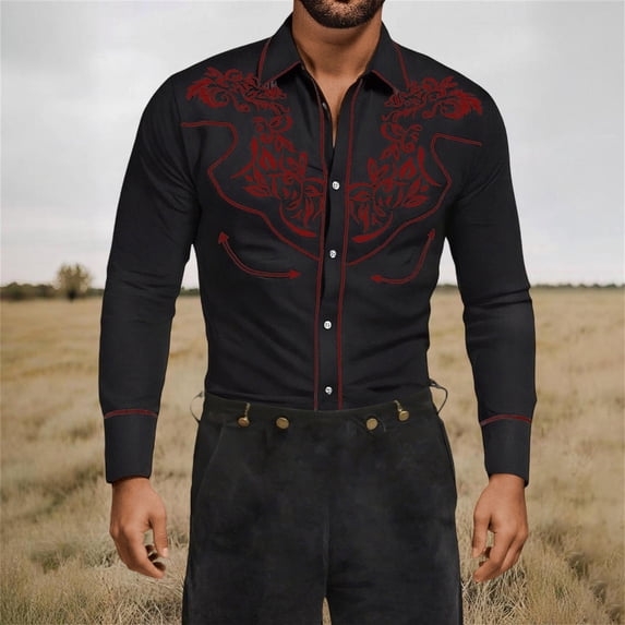 Retro Cowboy Western Shirt Mens Long Sleeve Button Down Shirts Halloween Party Tops Red M