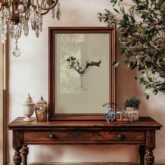 Retro Cowgirl Martini Art Print, Western Bar Decor Home Decor #3189, Unframed Poster Size 12x18