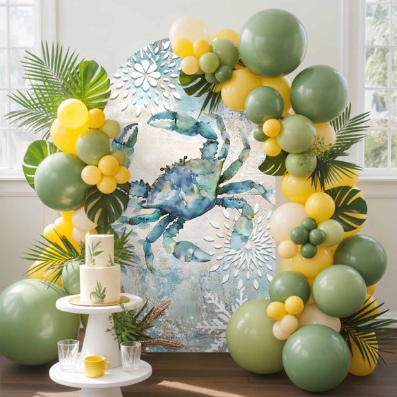 Retro Crab Arch Backdrop Cover, 6.6FT, Nautical Starfish Summer Beach Bohemian Floral Spandex Arch Covers Double-Sided Backdrop for Wedding Birthday Party Photo Background Decoration