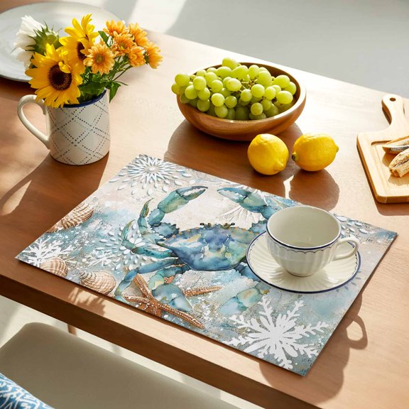 Retro Crab Placemats Set of 1, Nautical Starfish Summer Beach Bohemian Floral Non-Slip Place Mats Washable Table Mats for Kitchen Dining Table Decorations Indoor/Outdoor