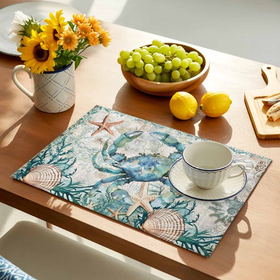 Retro Crab Placemats Set of 8, Ocean Nautical Coral Non-Slip Place Mats Washable Table Mats for Kitchen Dining Table Decorations Indoor/Outdoor
