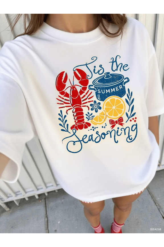 Retro Crawfish Graphic Loose Round Neck Women T-Shirt, Vintage Aesthetic Crawfish Summer Design, Casual Tee