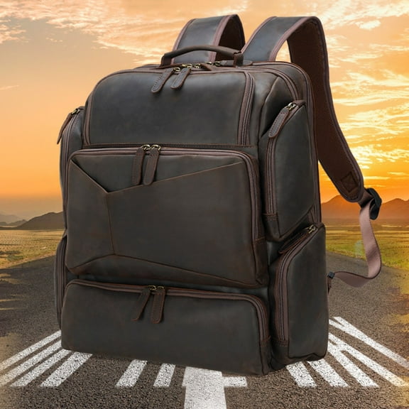 Retro Crazy Horse Leather 17-inch Computer Bag Outdoor Leather Backpack Travel Top Layer Leather Backpack For Men,Dark Brown P3723FSZ