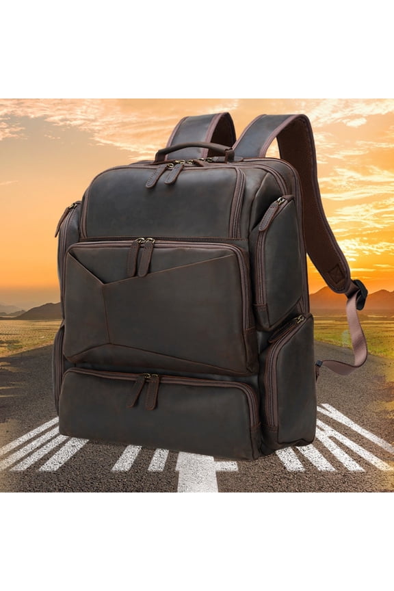 Retro Crazy Horse Leather 17-inch Computer Bag Outdoor Leather Backpack Travel Top Layer Leather Backpack For Men,Dark Brown P3723FSZ