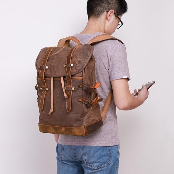 Retro Crazy Horse Leather Casual Canvas Oil Wax Hiking Backpack,Gray