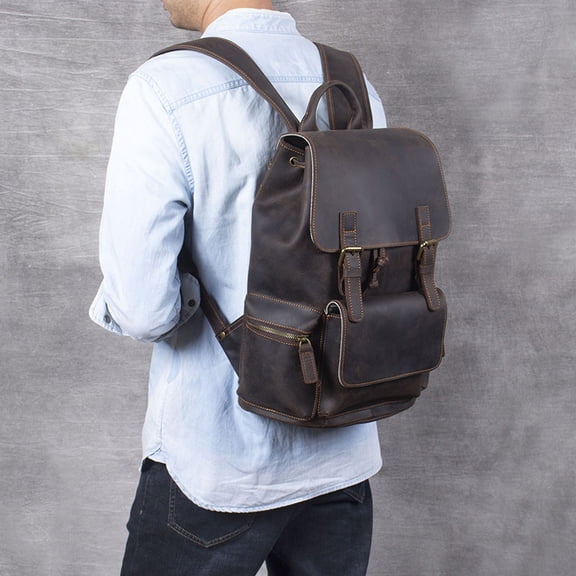 Retro Crazy Horse Leather Men's First Layer Cowhide Backpack,Dark Coffee