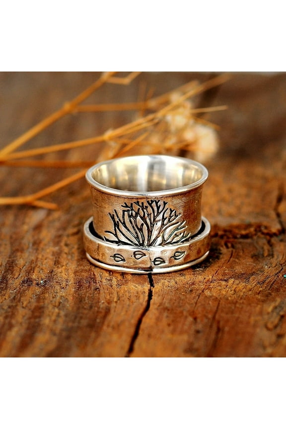 Womens Tree of Life Ring Rotatable Retro Ring Creative Alloy Inlaid Gold Band Spinning Leaves Design Adjustable Anxiety Relief Unique Gift for Women