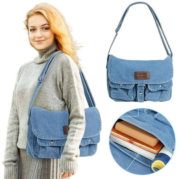 Retro Crossbody Purse Cozival Vintage Denim Shoulder Bag - Lightweight Retro Crossbody Purse for Women, Casual Shopper Handbag with Multiple Pockets - Distressed Blue Jeans Style, Sky Blue