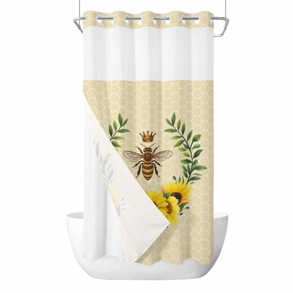 Retro Crown Bee No Hook Shower Curtain with Snap in Liner Country Sunflowers Green Leaves Honeycomb Waterproof Bathroom Shower Curtain with See Through Top Window for Bathtub 36" x 72"