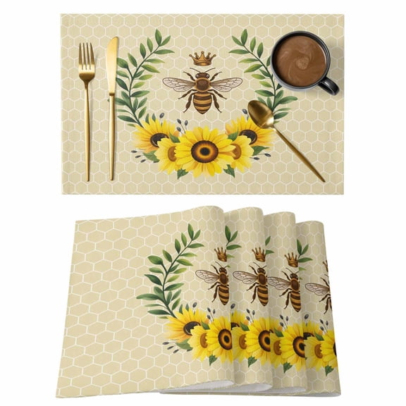 Retro Crown Bee Placemats Set of 1, Country Sunflowers Green Leaves Honeycomb Non-Slip Place Mats Washable Table Mats for Kitchen Dining Table Decorations Indoor/Outdoor
