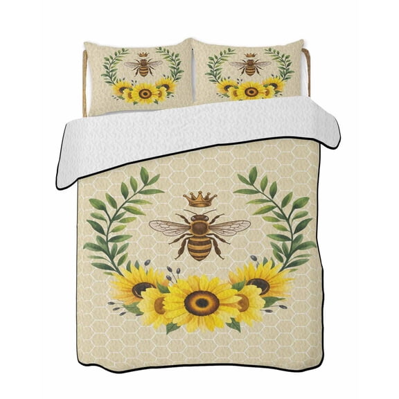 Retro Crown Bee Quilts Bedding Set Queen Size Country Sunflowers Green Leaves Honeycomb Lightweight Quilted Bedspread 3 Piece Bed Quilt with 2 Pillow Shams All Season for Bedroom 78" x 90"