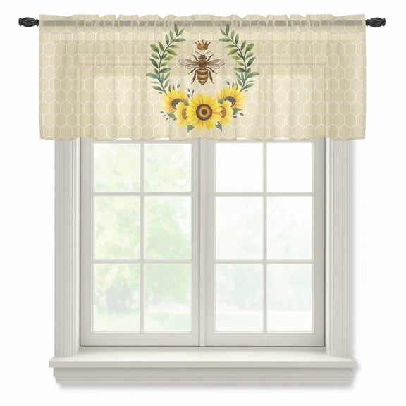 Retro Crown Bee Sheer Valances for Windows, Country Sunflowers Green Leaves Honeycomb Semi Sheer Kitchen Valance Rod Pocket Small Voile Window Curtains for Living Room Bedroom 42 x 12 Inch