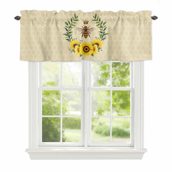 Retro Crown Bee Window Valance for Kitchen, Country Sunflowers Green Leaves Honeycomb Rod Pocket Short Curtain for Small Windows, Light Filtering Decorative Valance, 42 x 12 Inch, 1 Panel