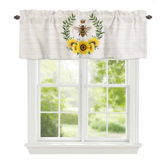 Retro Crown Bee Window Valance for Kitchen, Country Sunflowers Green Leaves Wood Grain Rod Pocket Short Curtain for Small Windows, Light Filtering Decorative Valance, 42 x 12 Inch, 1 Panel