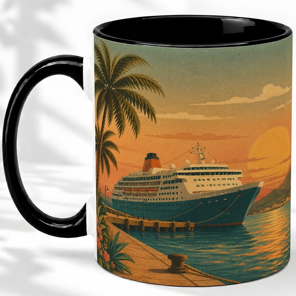 Retro Cruise Ship Accent Mug, 11oz Ceramic Coffee Cup for Travel Fans