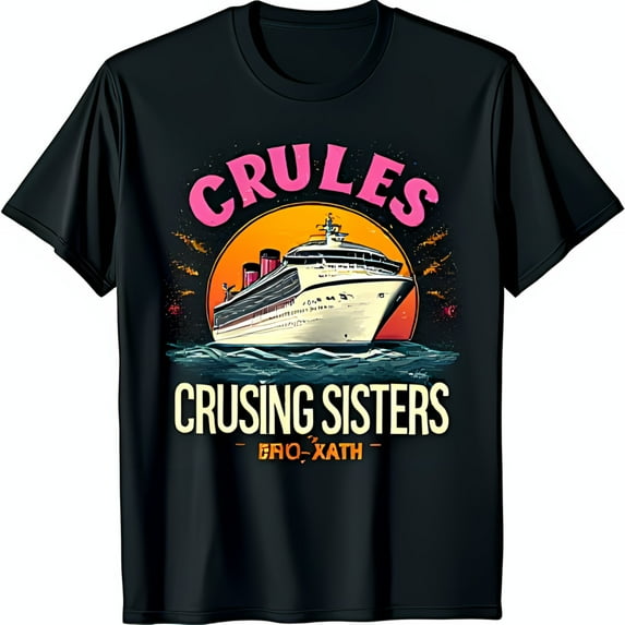 Retro Cruise Ship Black T-Shirt with Bold CRUSING SISTERS Design