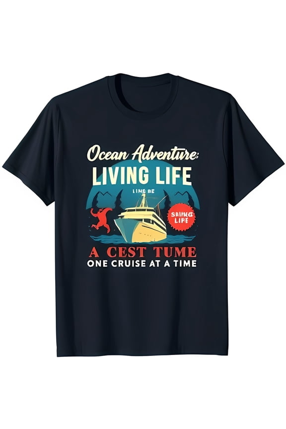 Retro Cruise Ship Graphic T-Shirt Ocean Adventure Design in Blue