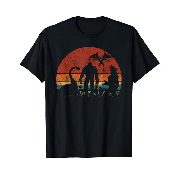 Retro Cryptid Squad Vintage Sunset Graphic T-Shirt - Funny Bigfoot Mothman Nessie Werewolf Silhouette Tee for Men and Women - Classic Distressed Style Apparel