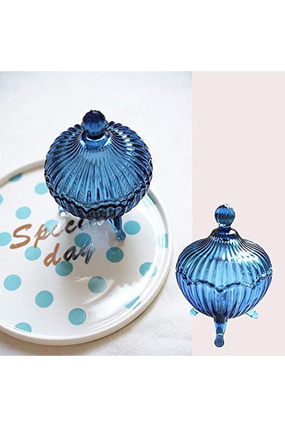 Retro Crystal Blue Glass Candy Jar with Lid Food Storage Jar Sugar Bowl Decorative Jar