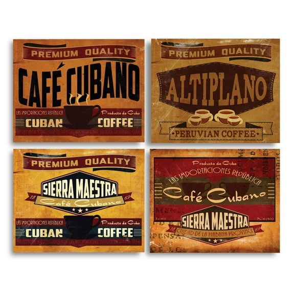 Retro Cuban and Peruvian Coffee Roast Signs; Four 10x8in Mounted Prints; Ready to hang!