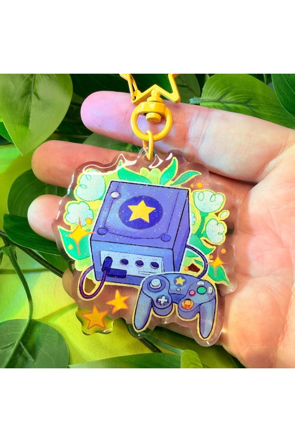 Retro Cube Game Console Acrylic Keychain, Purple Gaming Box Charm, Double-Sided Glitter Keyring, Nostalgic Gamer Bag Charm (1 keychain)