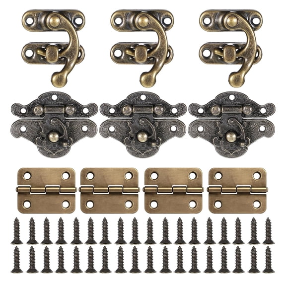 Retro Cupboard Hardware Set Including Bronze Hinges Locks & Mounting Screws Decorative for Furniture Restoration
