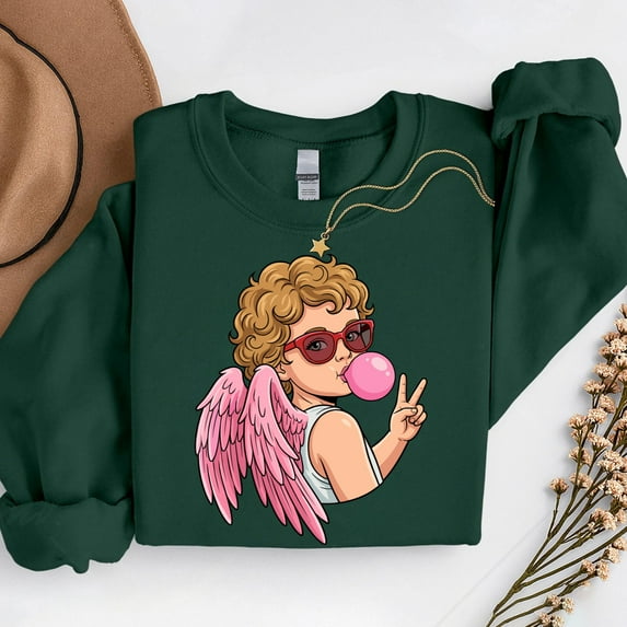 Retro Cupid Aesthetic Valentines Day Blowing Bubble Cupid – T-Shirt, Hoodie & Sweatshirt – Vintage Love Theme – Valentine's