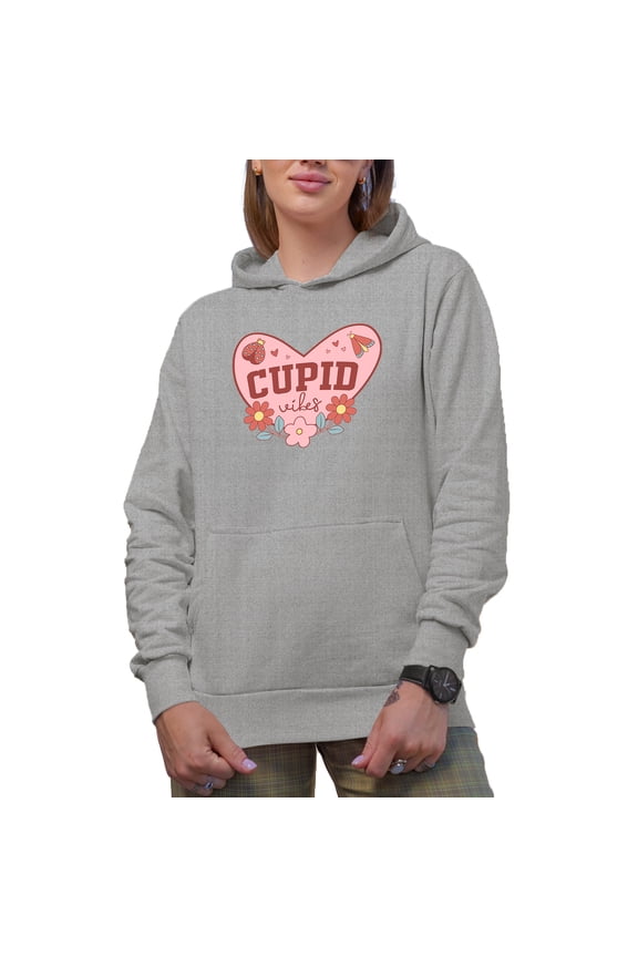 Retro Cupid Vibes with Flowers & Lady Bug, Valentine's Day or Valentine Gift, Heather Grey Hooded Sweatshirt or Hoodie, Medium