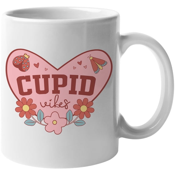 Retro Cupid Vibes with Flowers & Lady Bug, Valentine's Day or Valentine Gift, White 11oz Ceramic Mug