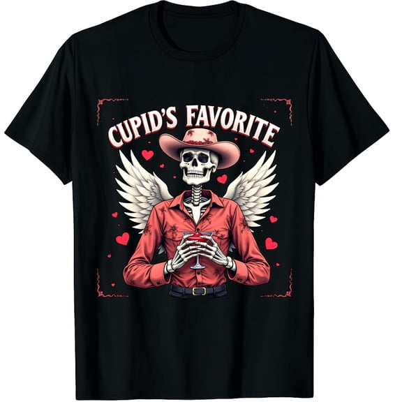 Retro Cupid's Favorite Hot Mess Funny Skeleton Valentine Graphic Crew Neck Short Sleeve T-Shirts (Men's, Women's)